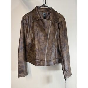 Distressed Brown Vegan Leather Moto Biker Jacket Size L Large Women Clara Sunwoo